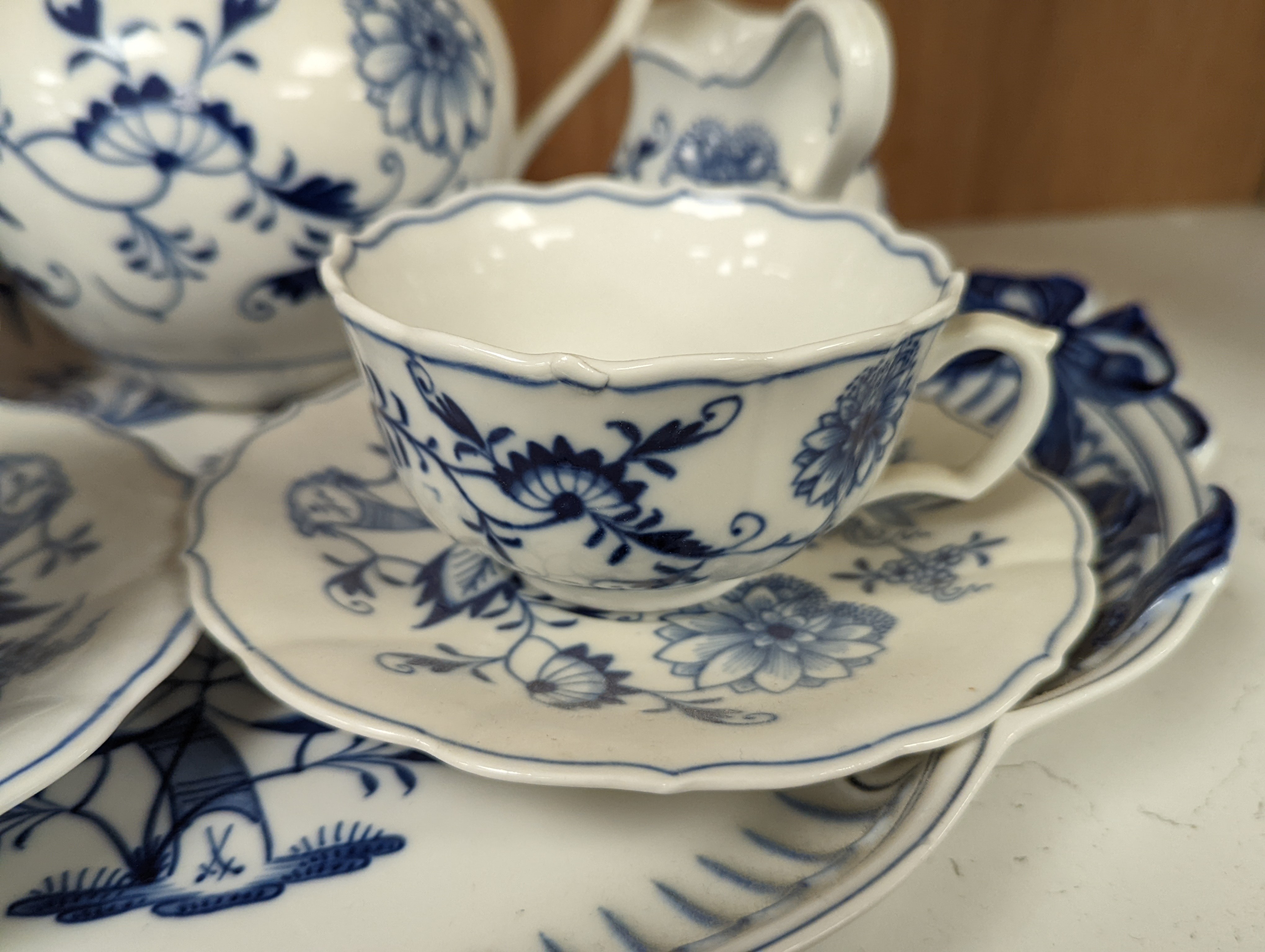 A Meissen blue and white onion pattern part cabaret set with tray, 39.5cm